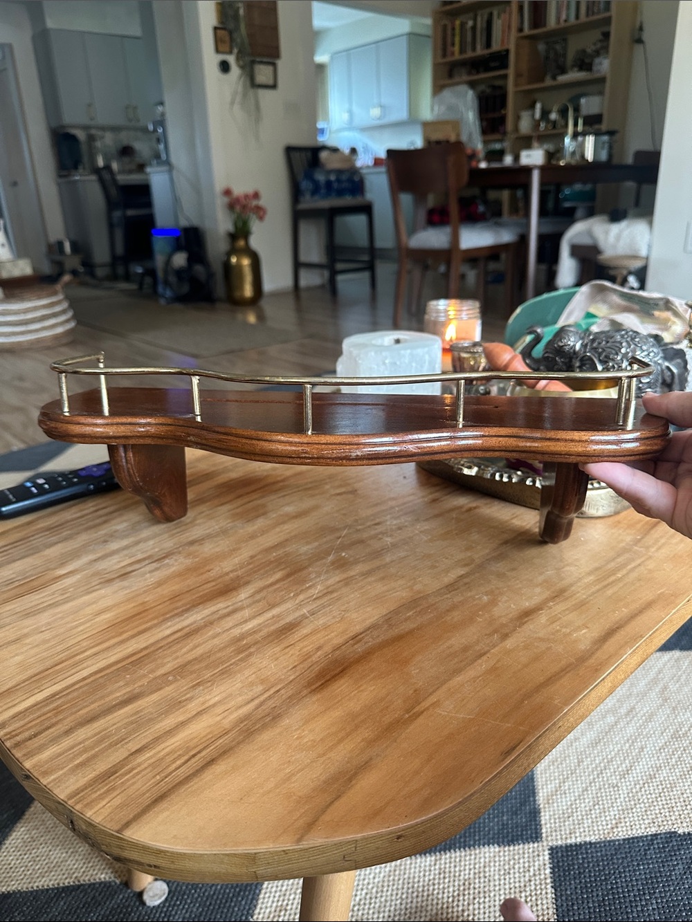 Vintage Wood shelf Brass Railing scallop brown 12” W x 6”H